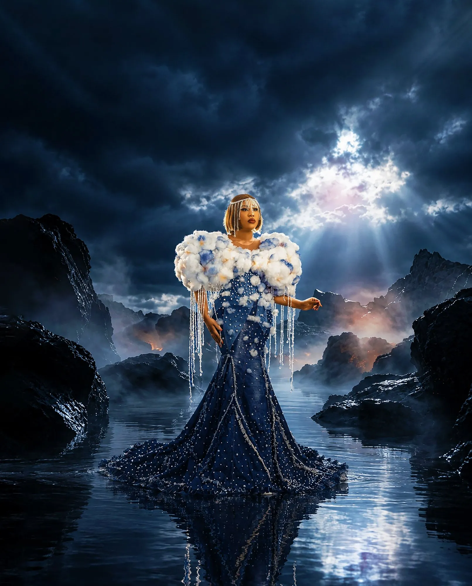 The same gown under a shaft of light breaking through storm clouds