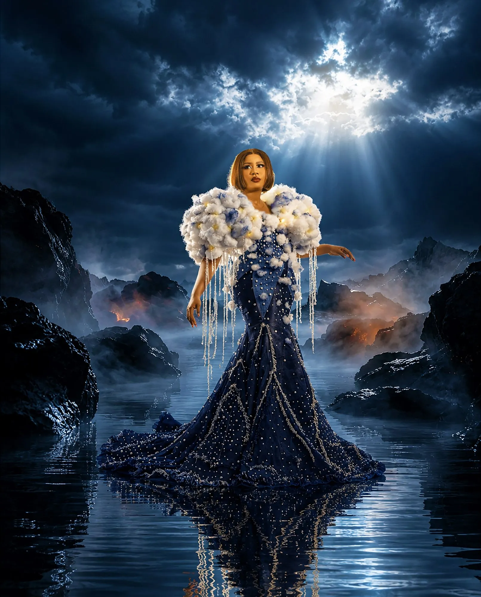 Wide view of the fantasy scene with rocks and mist around the gown