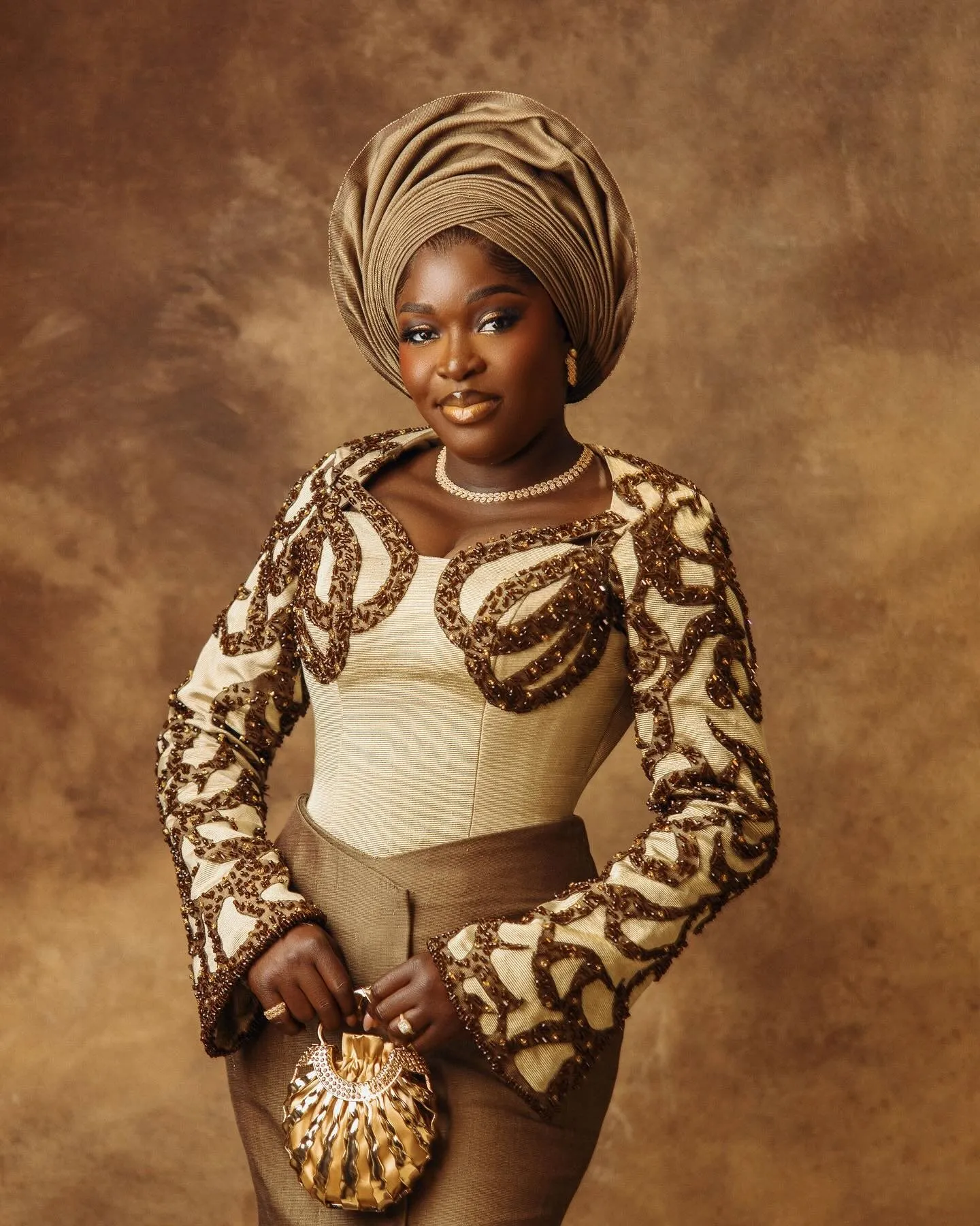 Bride smiling, purse held at her waist